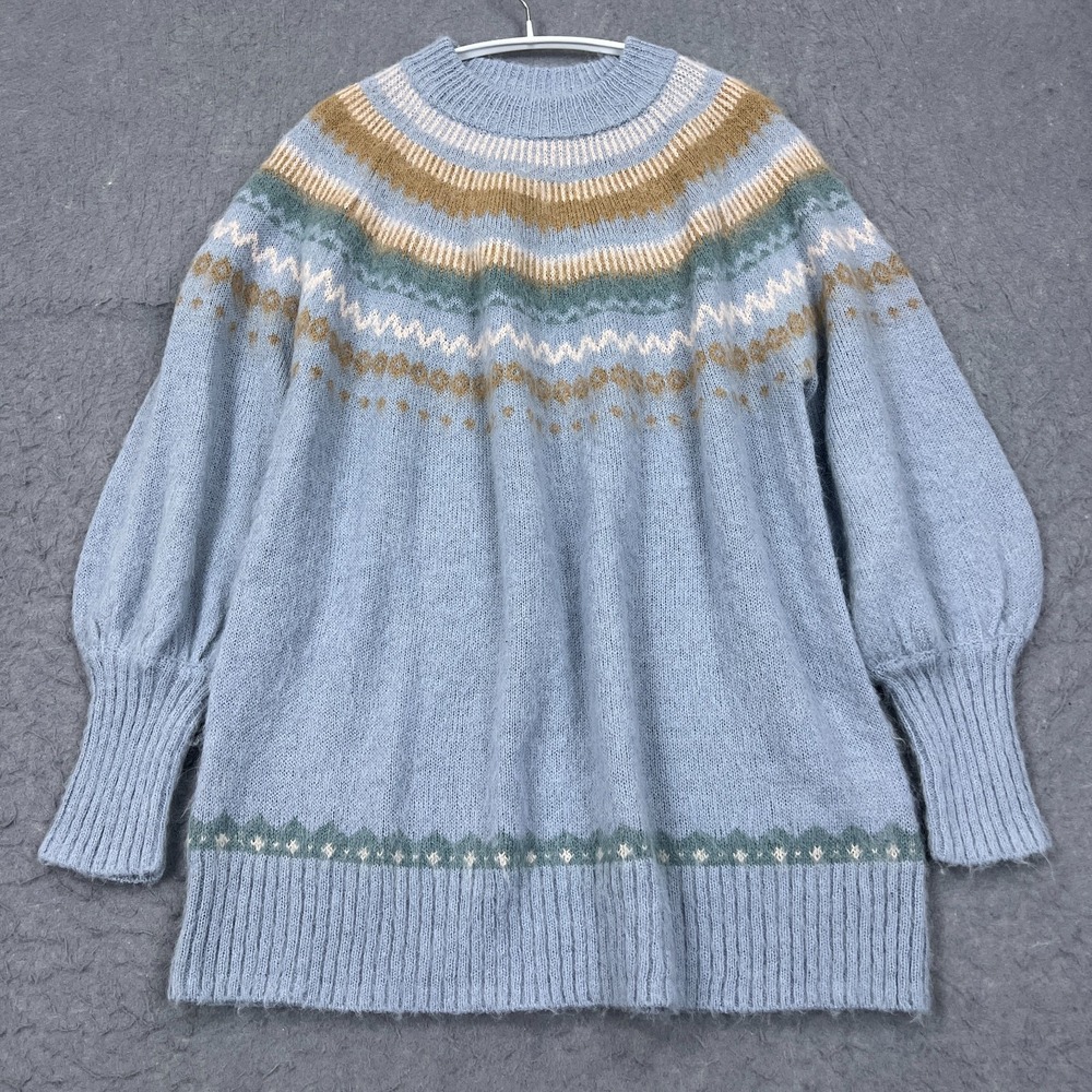 J Crew Fair Isle Yoke Puff-Sleeve Sweater Women's Small* Blue Alpaca/Wool Knit
